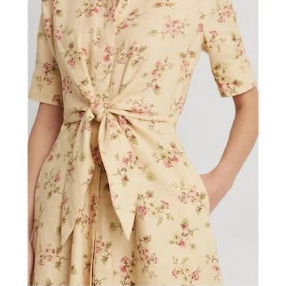 LAUREN RALPH LAUREN Floral Flare Shirt Dress Women Linen Front Knot 3/4 sleeve - Picture 3 of 8